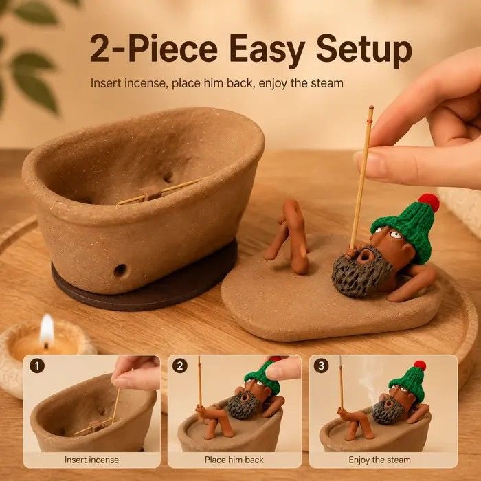 Lazy Bath Man Incense Burner – Handcrafted Ceramic Fun Aromatherapy Holder with Knitted Hat, a Whimsical Desktop Decor Piece for Relaxing Home, Tea Room, or Office Ambiance (Brown)