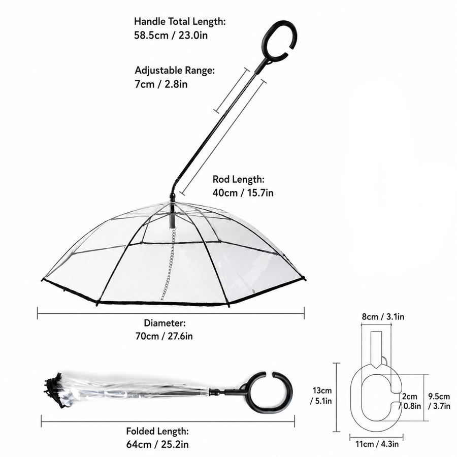 C-Handle Transparent Pet Umbrella with Adjustable Leash Strap – Hands-Free Rain Protection for Small to Medium Dogs and Cats, Flexible Tilt Shaft, Durable Alloy Frame, Ideal for Wet Weather Walks (Adjustable Webbing Version)