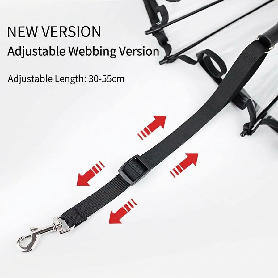 C-Handle Transparent Pet Umbrella with Adjustable Leash Strap – Hands-Free Rain Protection for Small to Medium Dogs and Cats, Flexible Tilt Shaft, Durable Alloy Frame, Ideal for Wet Weather Walks (Adjustable Webbing Version)