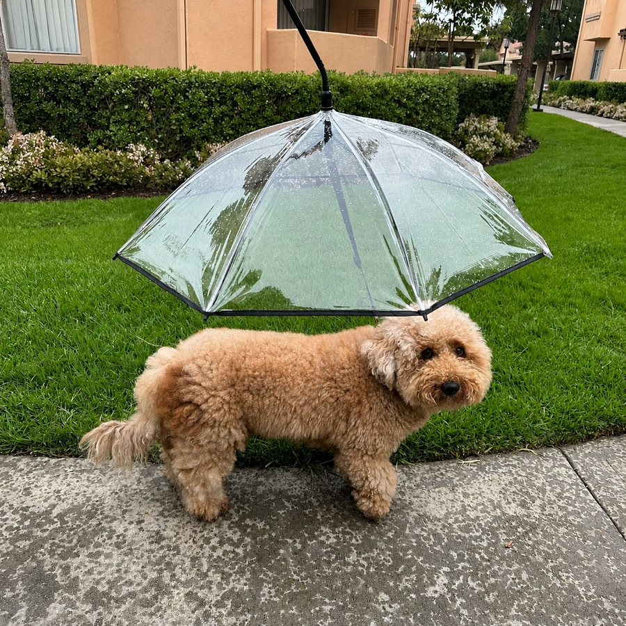 C-Handle Transparent Pet Umbrella with Adjustable Leash Strap – Hands-Free Rain Protection for Small to Medium Dogs and Cats, Flexible Tilt Shaft, Durable Alloy Frame, Ideal for Wet Weather Walks (Adjustable Webbing Version)