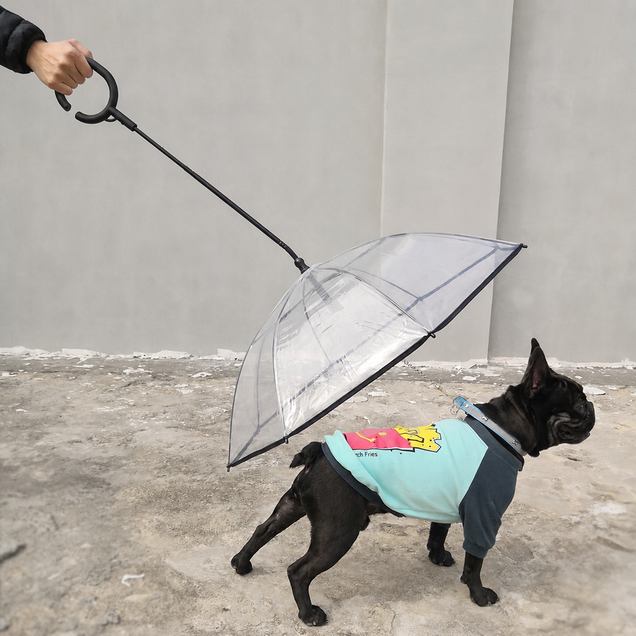 C-Handle Transparent Pet Umbrella with Adjustable Leash Strap – Hands-Free Rain Protection for Small to Medium Dogs and Cats, Flexible Tilt Shaft, Durable Alloy Frame, Ideal for Wet Weather Walks (Adjustable Webbing Version)