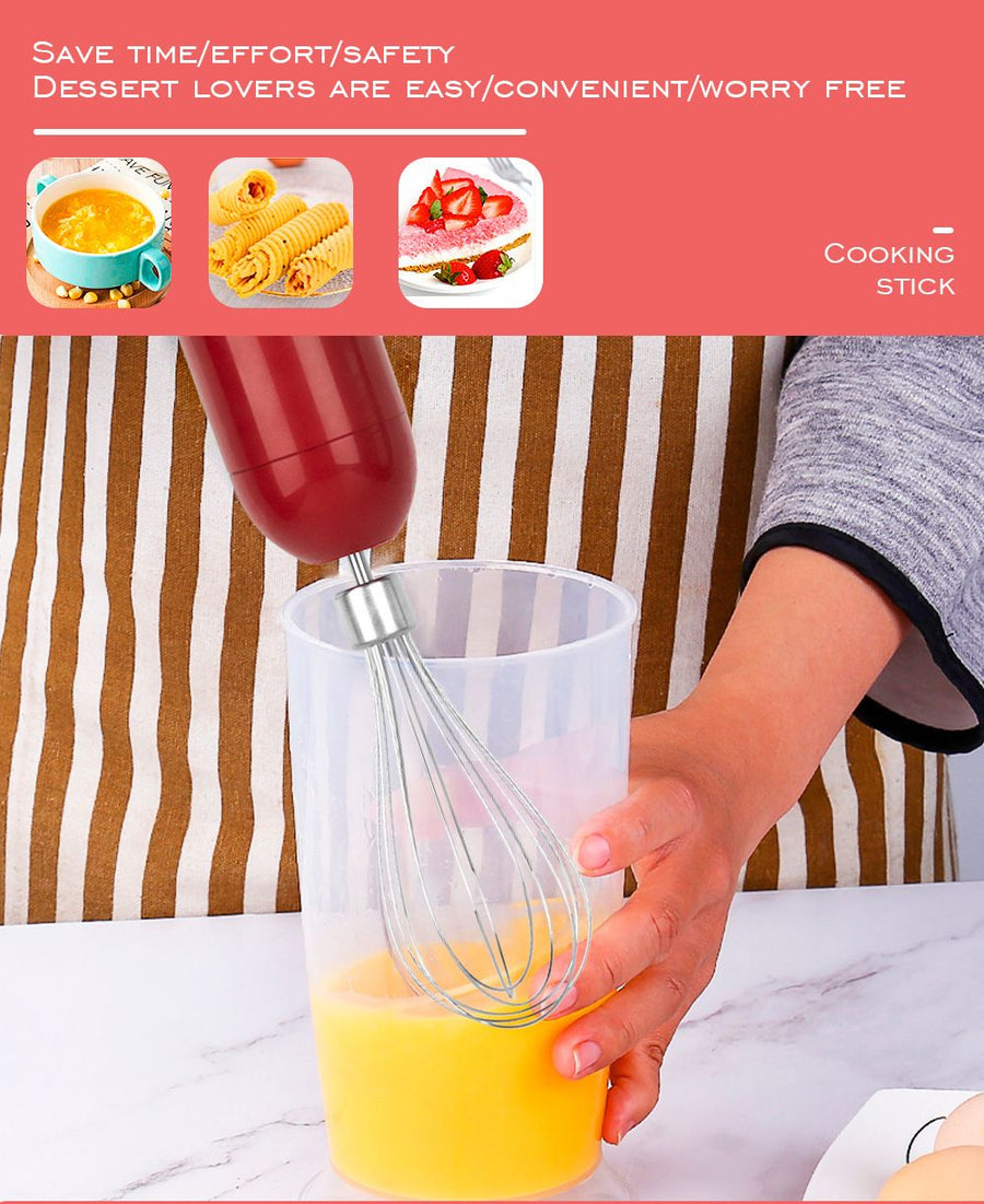 4-in-1 Multifunctional Handheld Immersion Blender Set with Egg Whisk, Chopper, Milk Frother and 700ml Beaker for Smoothies, Baby Food, Meat Mincing and Baking (Red)