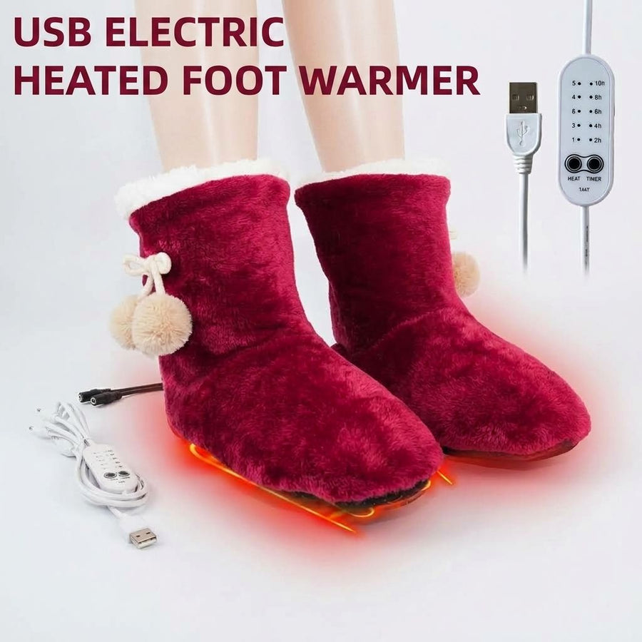 Cozy Wine-Red USB Heated Foot Warmer Boots with Plush Fleece Lining, Adjustable Temperature & Timer, Perfect for Indoor Lounging, Home Office, and Cold-Weather Relaxation (Red)