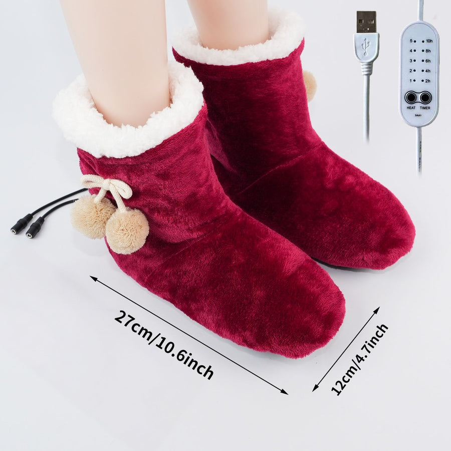 Cozy Wine-Red USB Heated Foot Warmer Boots with Plush Fleece Lining, Adjustable Temperature & Timer, Perfect for Indoor Lounging, Home Office, and Cold-Weather Relaxation (Red)