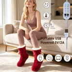Cozy Wine-Red USB Heated Foot Warmer Boots with Plush Fleece Lining, Adjustable Temperature & Timer, Perfect for Indoor Lounging, Home Office, and Cold-Weather Relaxation (Red)