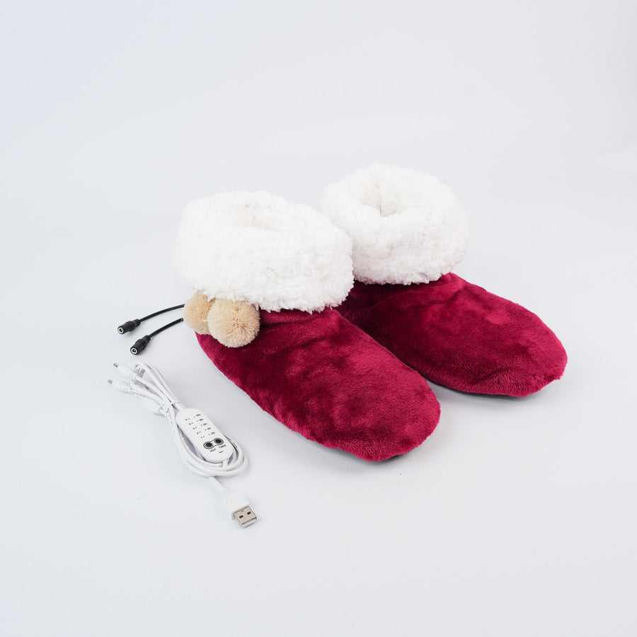 Cozy Wine-Red USB Heated Foot Warmer Boots with Plush Fleece Lining, Adjustable Temperature & Timer, Perfect for Indoor Lounging, Home Office, and Cold-Weather Relaxation (Red)