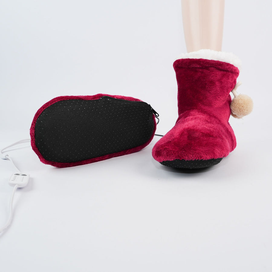 Cozy Wine-Red USB Heated Foot Warmer Boots with Plush Fleece Lining, Adjustable Temperature & Timer, Perfect for Indoor Lounging, Home Office, and Cold-Weather Relaxation (Red)