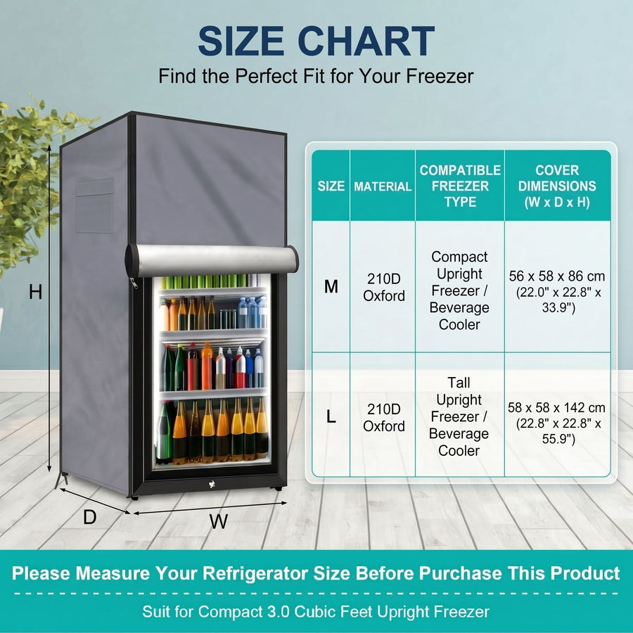 Protective Cover for Upright Mini Freezer and Beverage Refrigerator, Waterproof Dustproof Outdoor Kitchen Appliance Shield with Zipper and Storage Pocket (Grey, L)