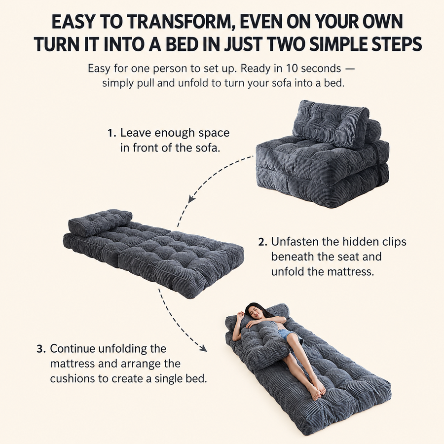 Convertible Folding Sofa Bed with Pumpkin Design, Corduroy Fabric, 3D Tufted Backrest, and Cylindrical Pillow for Living Room, Guest Room, and Small Apartments (Brown)