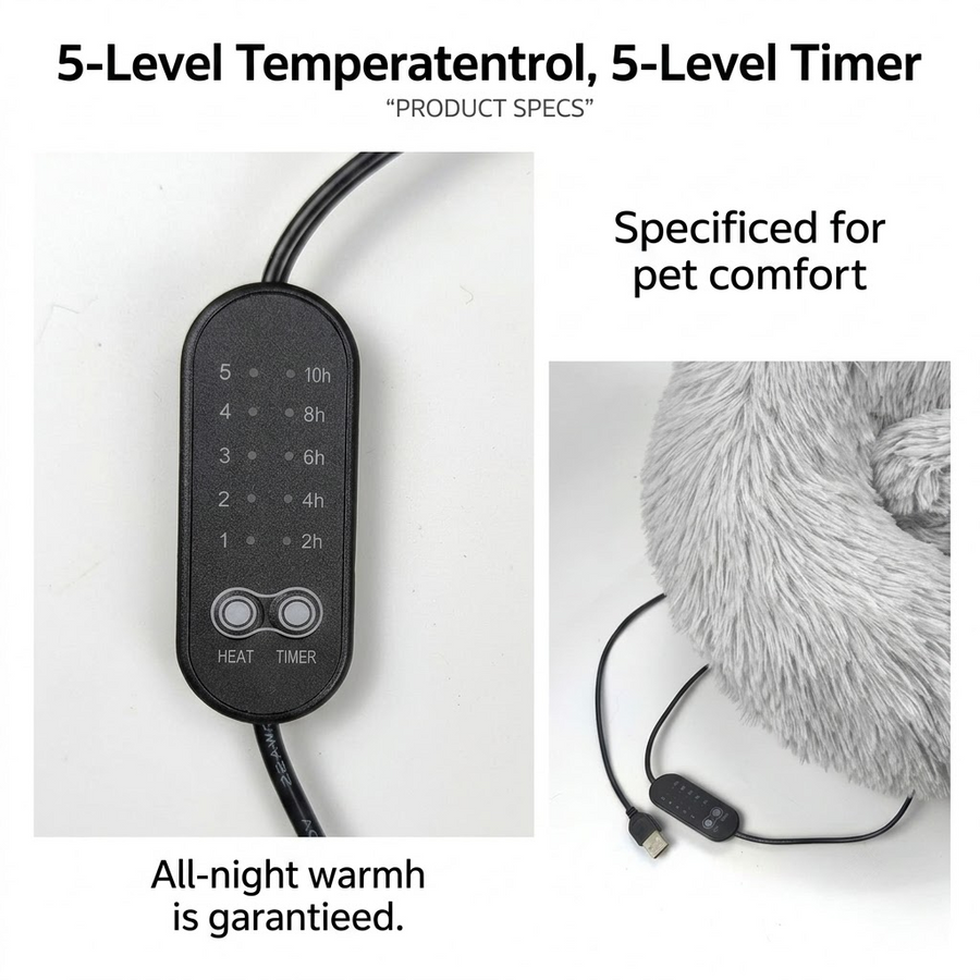 Heated Pet Bed for Cats and Small Dogs, USB-Powered Warmth with 5 Temperature Settings and Timer, Washable Round Cozy Couch for Indoor Comfort (60cm)