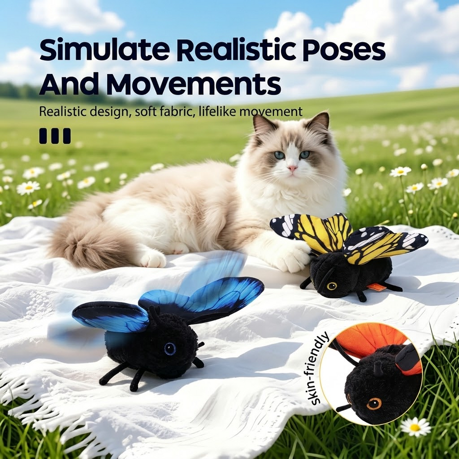 Interactive Fluttering Butterfly Cat Toy, Rechargeable Automatic Mover with Elastic Cord, Lifelike Touch-Activated Kicker in 3 Motion Modes, Handmade Plush Insect Imitation for Indoor Feline Fun and Energy Release (Blue)