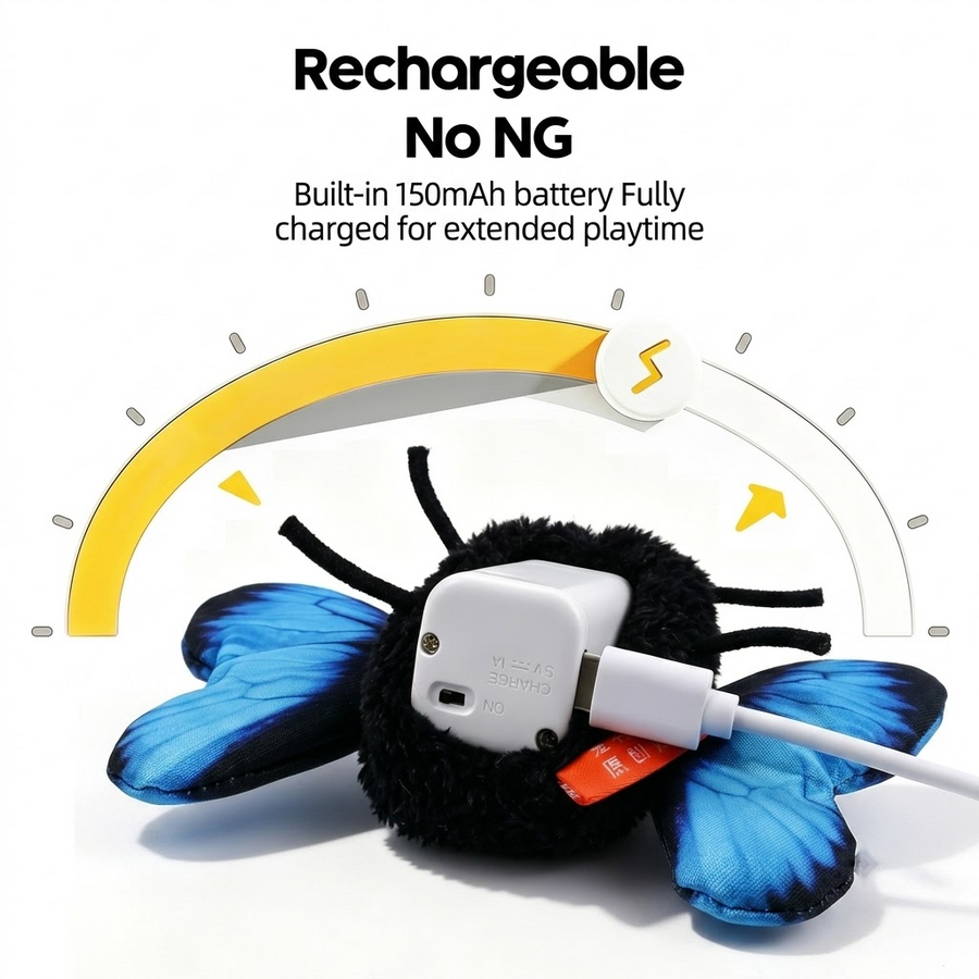 Interactive Fluttering Butterfly Cat Toy, Rechargeable Automatic Mover with Elastic Cord, Lifelike Touch-Activated Kicker in 3 Motion Modes, Handmade Plush Insect Imitation for Indoor Feline Fun and Energy Release (Blue)