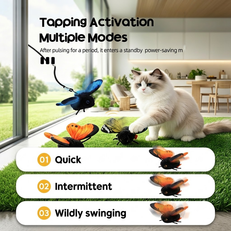 Interactive Fluttering Butterfly Cat Toy, Rechargeable Automatic Mover with Elastic Cord, Lifelike Touch-Activated Kicker in 3 Motion Modes, Handmade Plush Insect Imitation for Indoor Feline Fun and Energy Release (Blue)