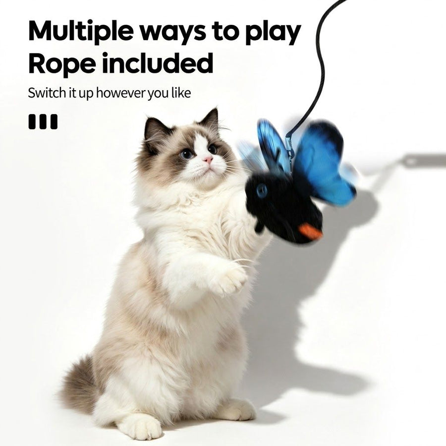 Interactive Fluttering Butterfly Cat Toy, Rechargeable Automatic Mover with Elastic Cord, Lifelike Touch-Activated Kicker in 3 Motion Modes, Handmade Plush Insect Imitation for Indoor Feline Fun and Energy Release (Blue)