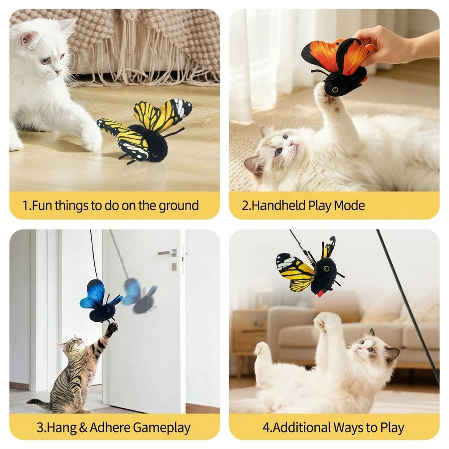 Interactive Fluttering Butterfly Cat Toy, Rechargeable Automatic Mover with Elastic Cord, Lifelike Touch-Activated Kicker in 3 Motion Modes, Handmade Plush Insect Imitation for Indoor Feline Fun and Energy Release (Blue)