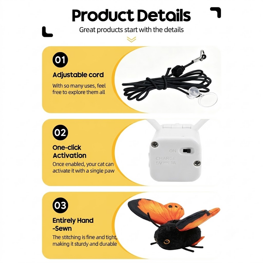 Interactive Fluttering Butterfly Cat Toy, Rechargeable Automatic Mover with Elastic Cord, Lifelike Touch-Activated Kicker in 3 Motion Modes, Handmade Plush Insect Imitation for Indoor Feline Fun and Energy Release (Blue)