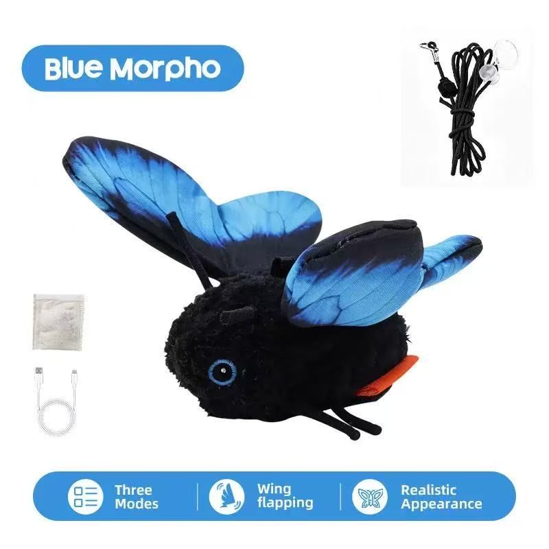 Interactive Fluttering Butterfly Cat Toy, Rechargeable Automatic Mover with Elastic Cord, Lifelike Touch-Activated Kicker in 3 Motion Modes, Handmade Plush Insect Imitation for Indoor Feline Fun and Energy Release (Blue)