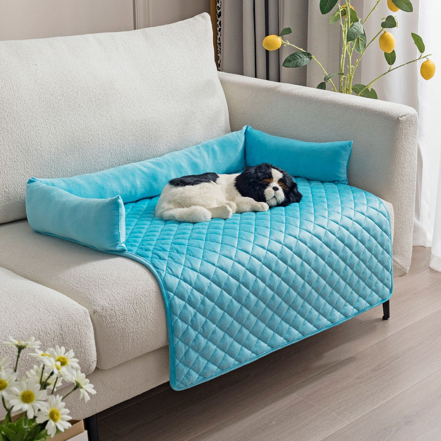 Plush Bolster Pet Bed Mat with Anti-Slip Base and Extended Drop Edge for Sofa and Floor Lounging (Blue, 90*90cm)