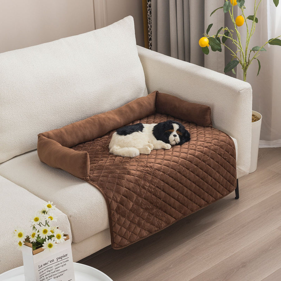 Plush Bolster Pet Bed Mat with Anti-Slip Base and Extended Drop Edge for Sofa and Floor Lounging (Coffee, 75*120cm)