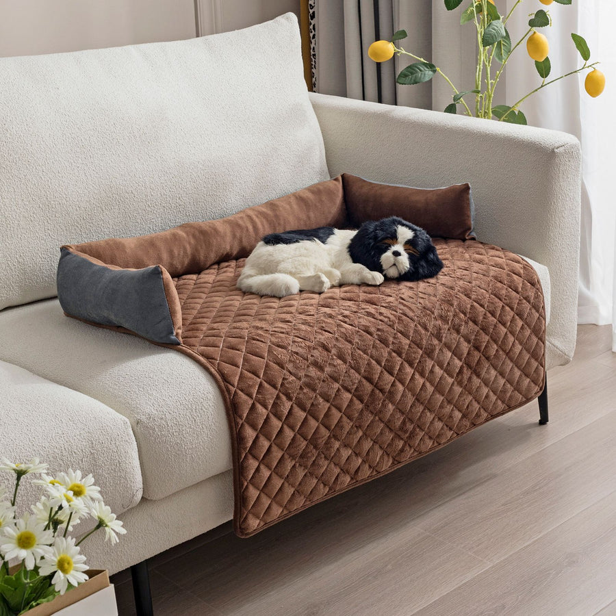 Plush Bolster Pet Bed Mat with Anti-Slip Base and Extended Drop Edge for Sofa and Floor Lounging (Coffee, 75*75cm)