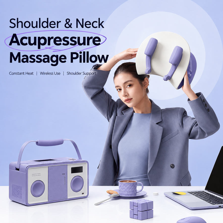 Wireless Neck and Shoulder Kneading Massage Pillow with Heat, Multi-Position Body Relaxation Device for Home Office and Daily Comfort (Lavender)