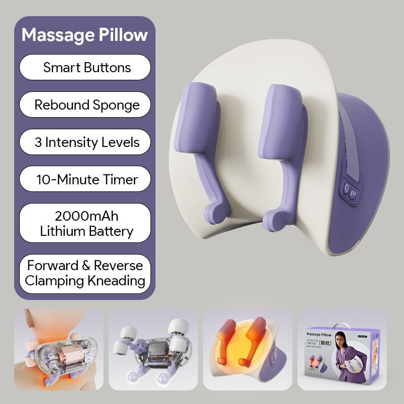 Wireless Neck and Shoulder Kneading Massage Pillow with Heat, Multi-Position Body Relaxation Device for Home Office and Daily Comfort (Lavender)