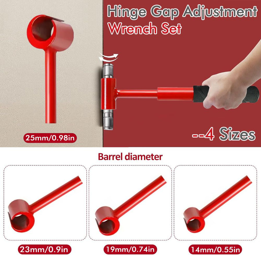 4-in-1 Hinge Gap Adjustment Wrench Set with Interchangeable Socket Heads for Fixing Door Sag, Misalignment, and Uneven Gaps in Home and Commercial Settings (14/19/25/23mm Sockets(Red))