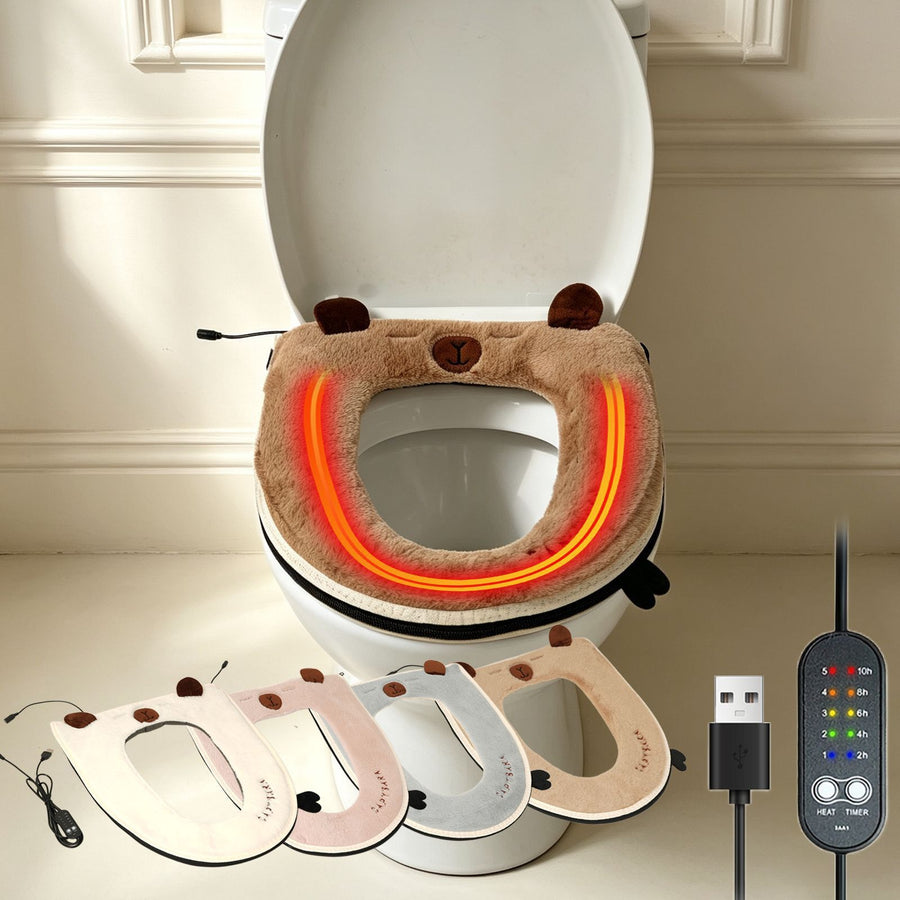 USB Heated Toilet Seat Cover with Capybara Design – Soft Plush, Washable, Fast Heating, 5-Level Temperature & Timer Control for Cozy Winter Bathroom Use (Grey)