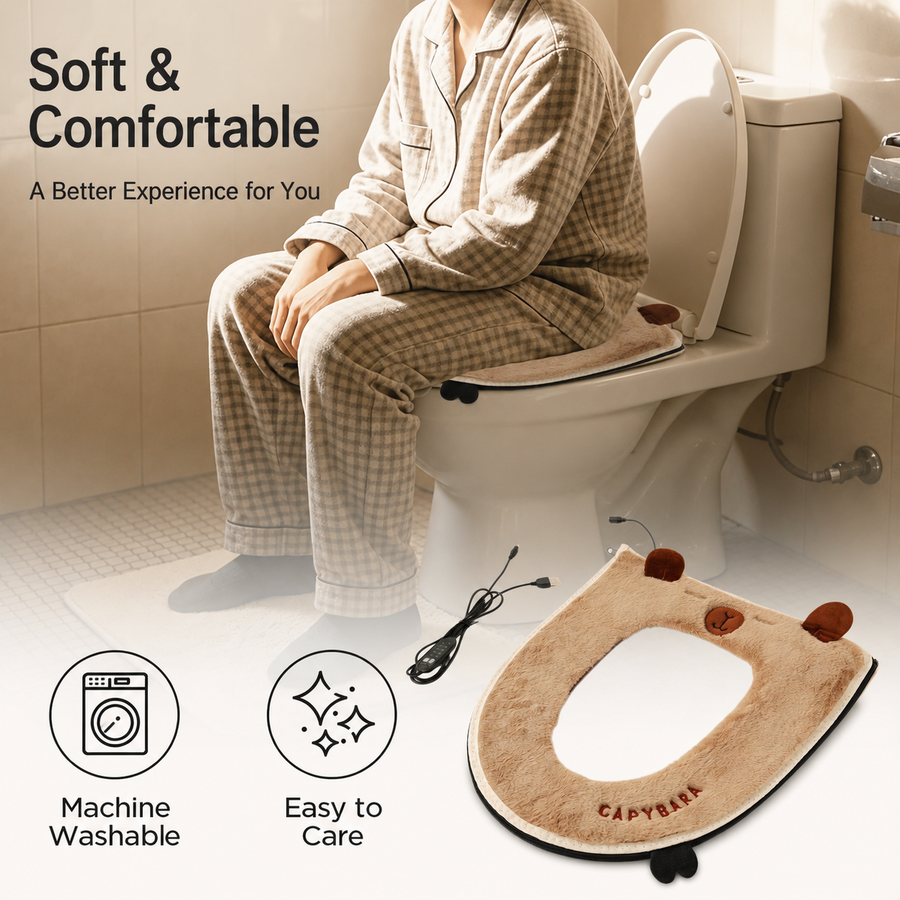 USB Heated Toilet Seat Cover with Capybara Design – Soft Plush, Washable, Fast Heating, 5-Level Temperature & Timer Control for Cozy Winter Bathroom Use (Pink)