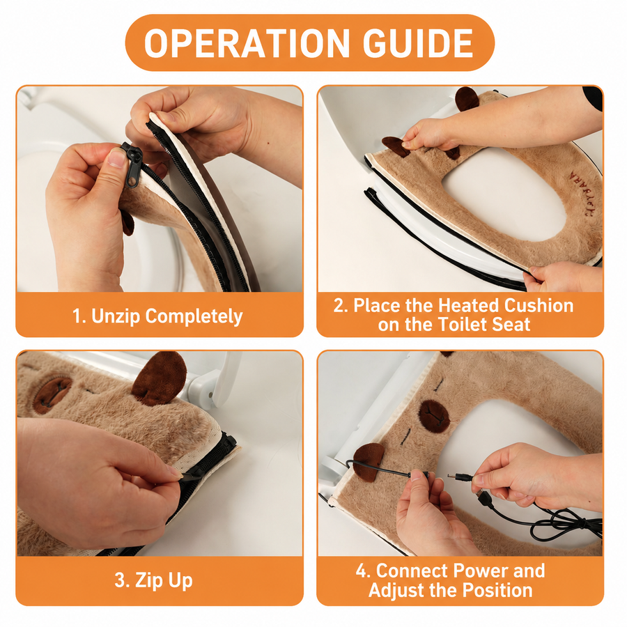 USB Heated Toilet Seat Cover with Capybara Design – Soft Plush, Washable, Fast Heating, 5-Level Temperature & Timer Control for Cozy Winter Bathroom Use (White)