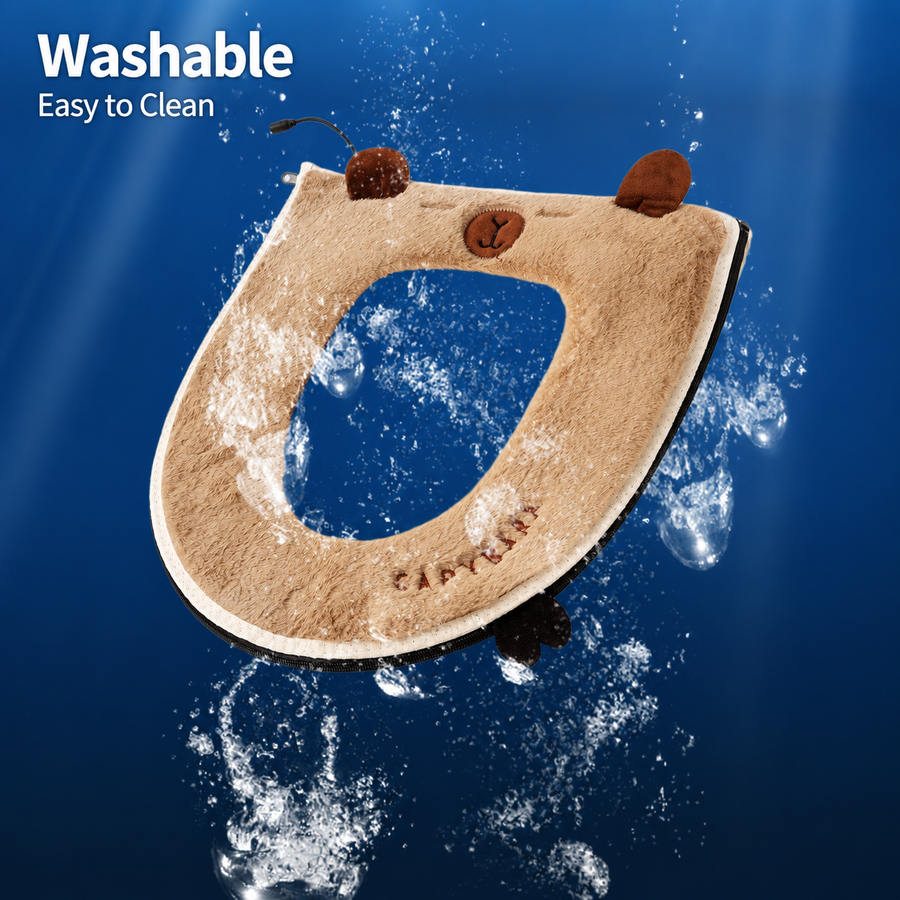 USB Heated Toilet Seat Cover with Capybara Design – Soft Plush, Washable, Fast Heating, 5-Level Temperature & Timer Control for Cozy Winter Bathroom Use (White)