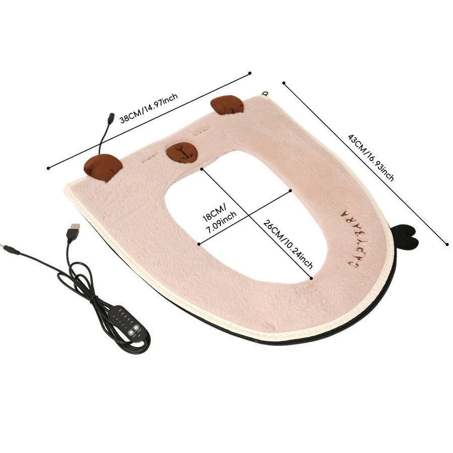 USB Heated Toilet Seat Cover with Capybara Design – Soft Plush, Washable, Fast Heating, 5-Level Temperature & Timer Control for Cozy Winter Bathroom Use (White)