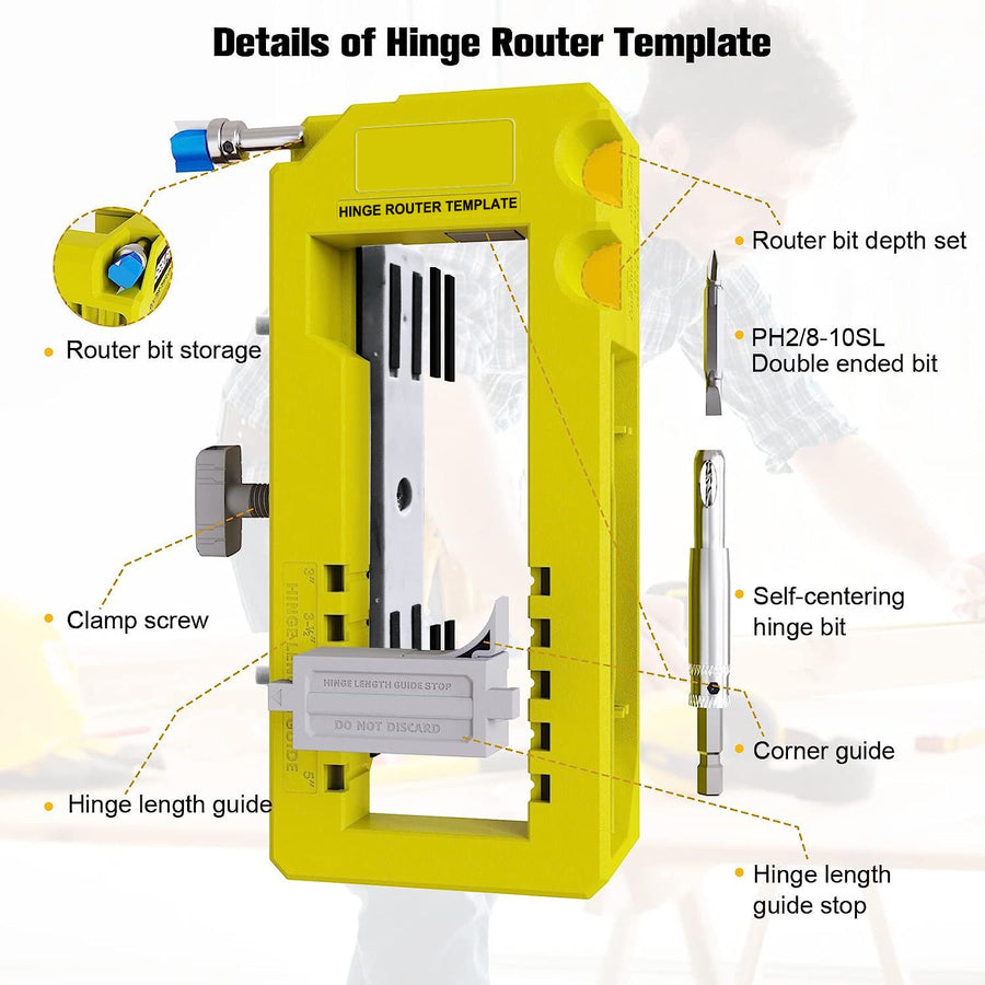 Hinge Mortise Template Jig for Wooden Doors with Adjustable Router Guide and Drill Bit Set for Precise Door Hardware Installation (Orange)