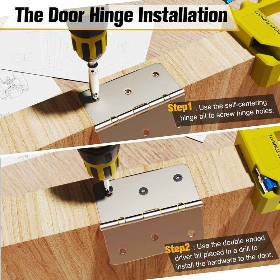 Hinge Mortise Template Jig for Wooden Doors with Adjustable Router Guide and Drill Bit Set for Precise Door Hardware Installation (Orange)