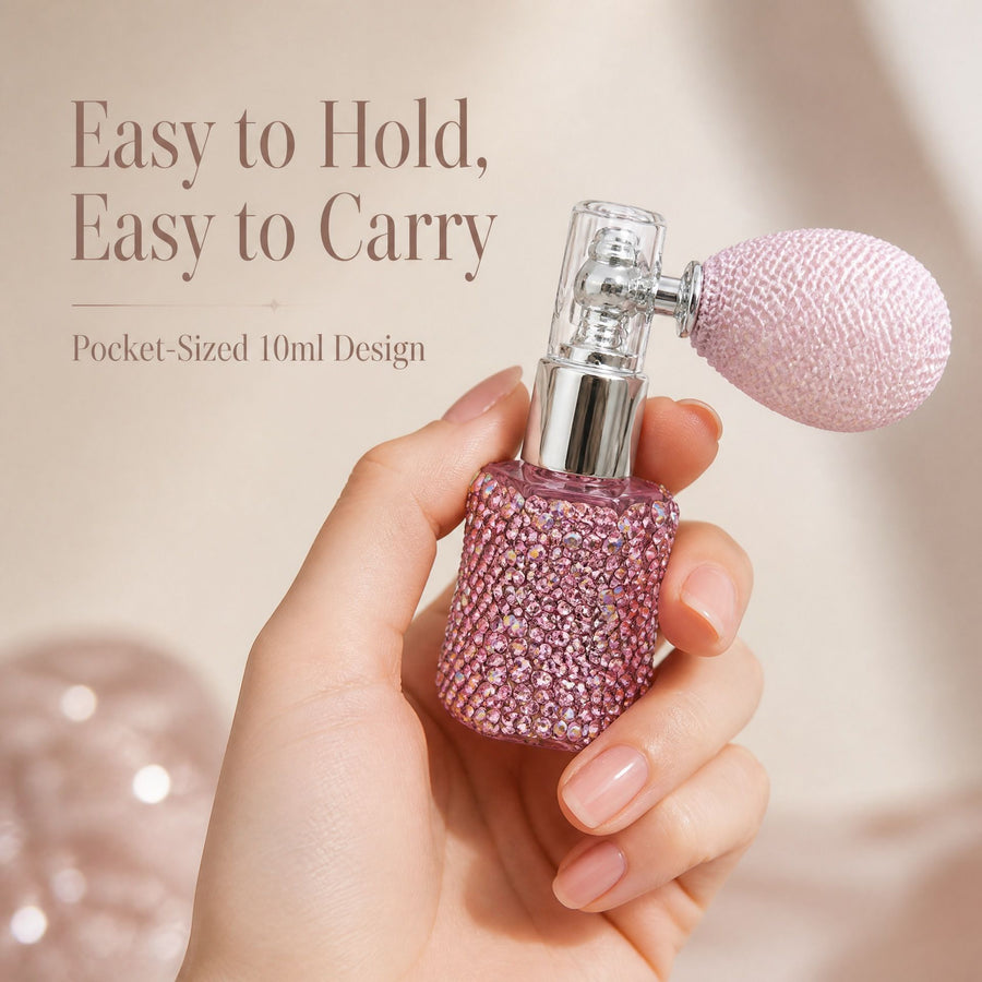 Rhinestone Airbag Perfume Atomizer Refillable Glass Spray Bottle Portable Travel Cosmetic Sample Container for Fragrance Dispensing (Silver)