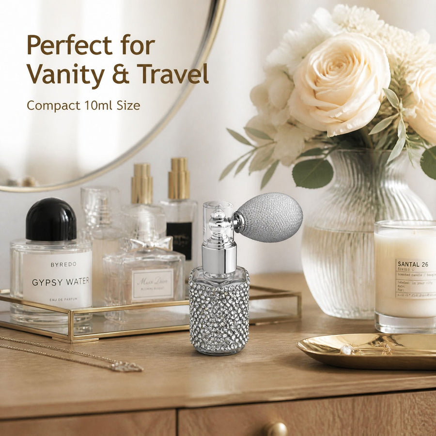 Rhinestone Airbag Perfume Atomizer Refillable Glass Spray Bottle Portable Travel Cosmetic Sample Container for Fragrance Dispensing (Silver)