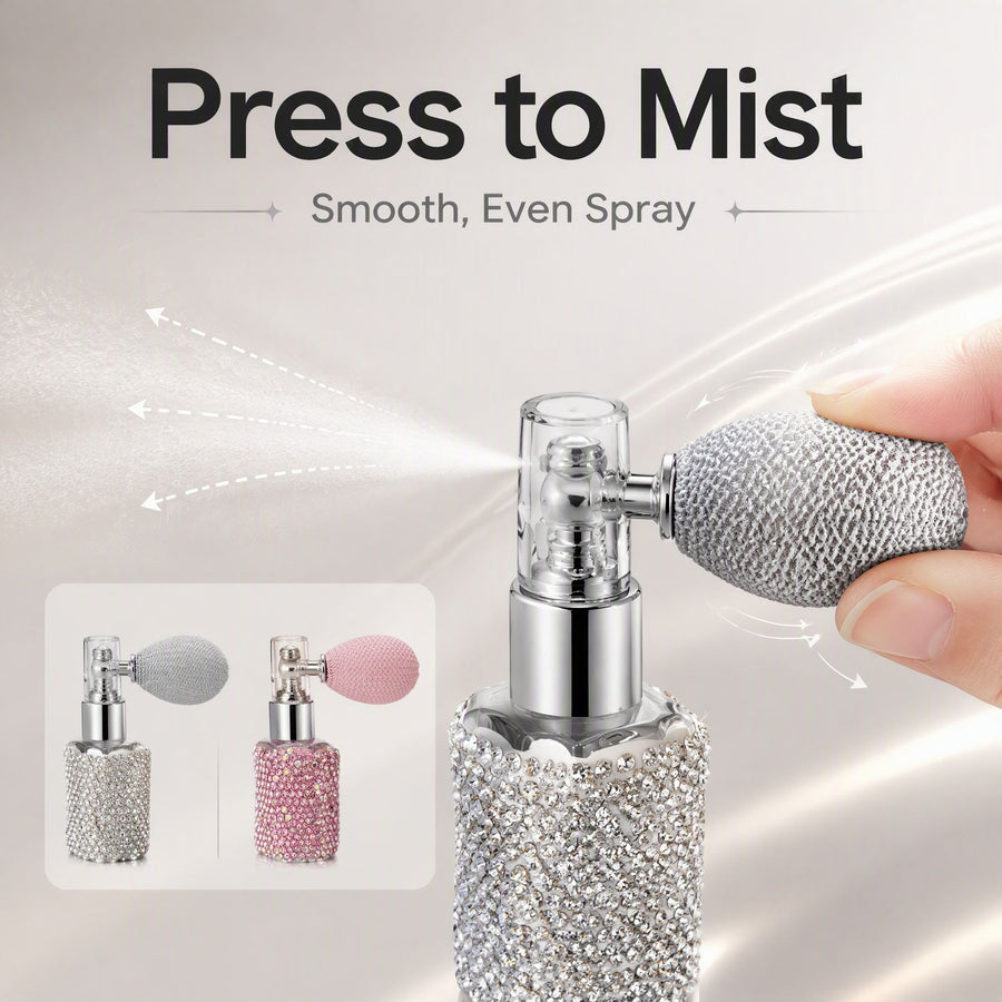 Rhinestone Airbag Perfume Atomizer Refillable Glass Spray Bottle Portable Travel Cosmetic Sample Container for Fragrance Dispensing (Silver)