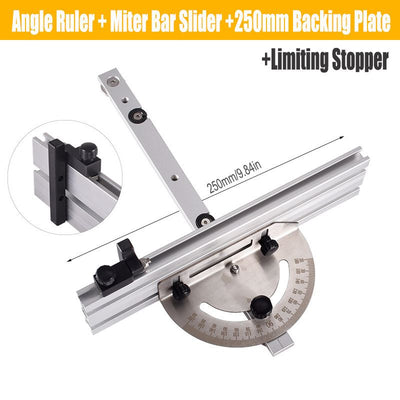 Stainless Steel & Aluminum Woodworking Angle Gauge with Laser-Etched Dial, Miter Guide Rail and Adjustable Fence for Table Saw, Precision Straight and Bevel Cutting on Workshop Benches (Angle Ruler + Miter Bar Slider + 250mm Backing Plate + Limiting Stopp
