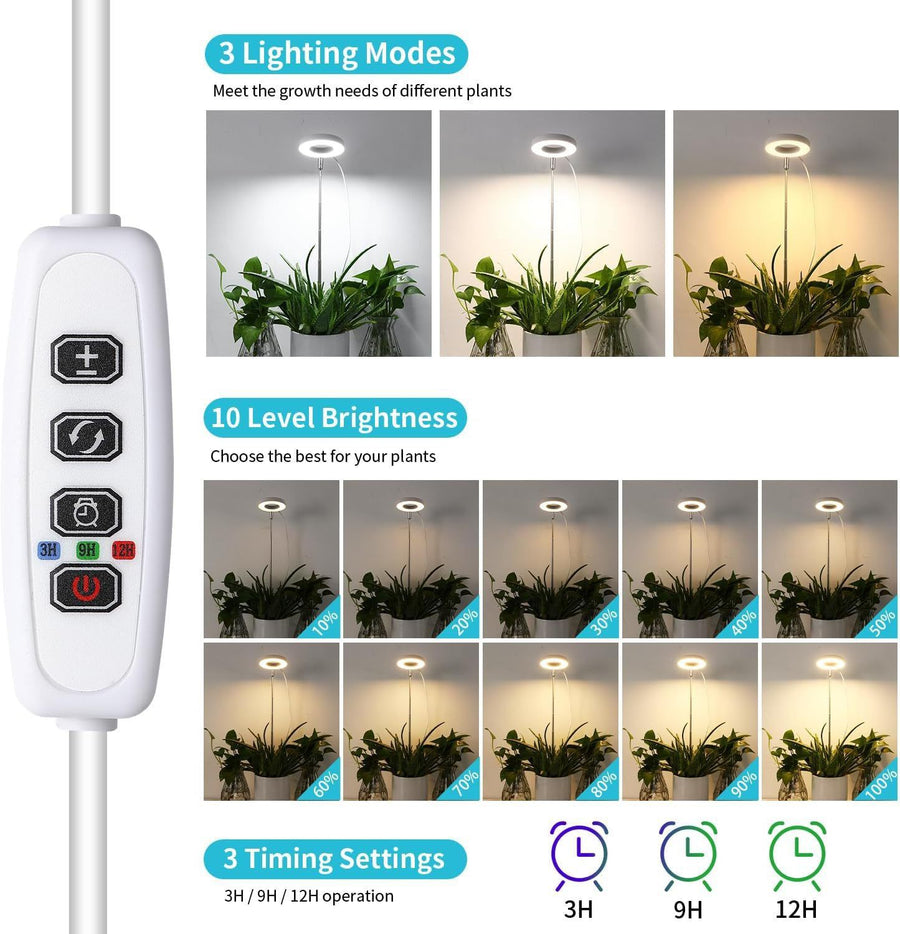Full Spectrum LED Plant Grow Light with Telescopic Stand, Angel Ring Design, Dimmable Timer & Multi-Mode for Indoor Potted Plants, Succulents, and Home Desktop Decor (3PCS, Red Blue Light（White+Clear Base）)