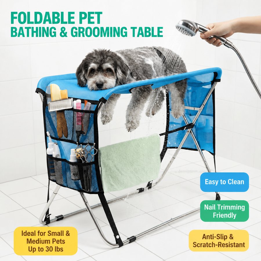 Portable Foldable Pet Grooming Table with Adjustable Restraint Loops – Ideal for Bathing, Drying, Nail Trimming, Ear Cleaning & Full Coat Care for Small to Medium Cats and Dogs (Grey)