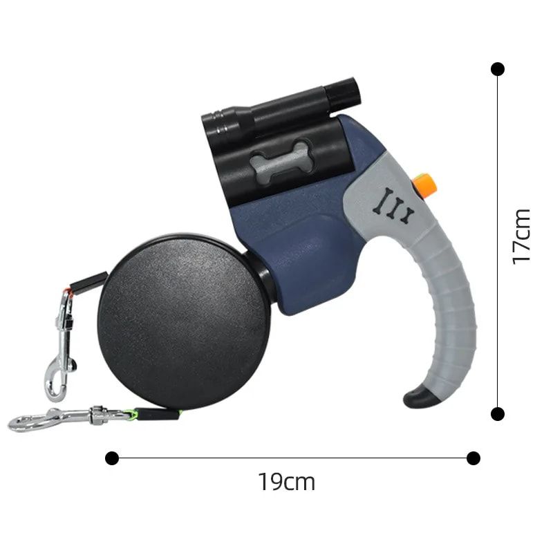 Dual-Head Retractable Dog Leash with Bright LED Flashlight and Built-in Waste Bag Dispenser – Walk Two Dogs Safely at Night with 360° Tangle-Free Control and Reflective Webbing (Blue‑Gray)