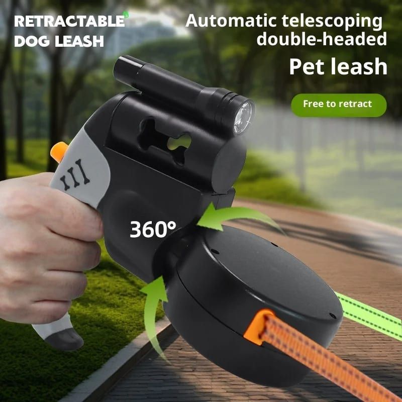 Dual-Head Retractable Dog Leash with Bright LED Flashlight and Built-in Waste Bag Dispenser – Walk Two Dogs Safely at Night with 360° Tangle-Free Control and Reflective Webbing (Blue‑Gray)