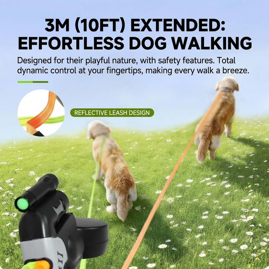 Dual-Head Retractable Dog Leash with Bright LED Flashlight and Built-in Waste Bag Dispenser – Walk Two Dogs Safely at Night with 360° Tangle-Free Control and Reflective Webbing (Brown‑Gray)