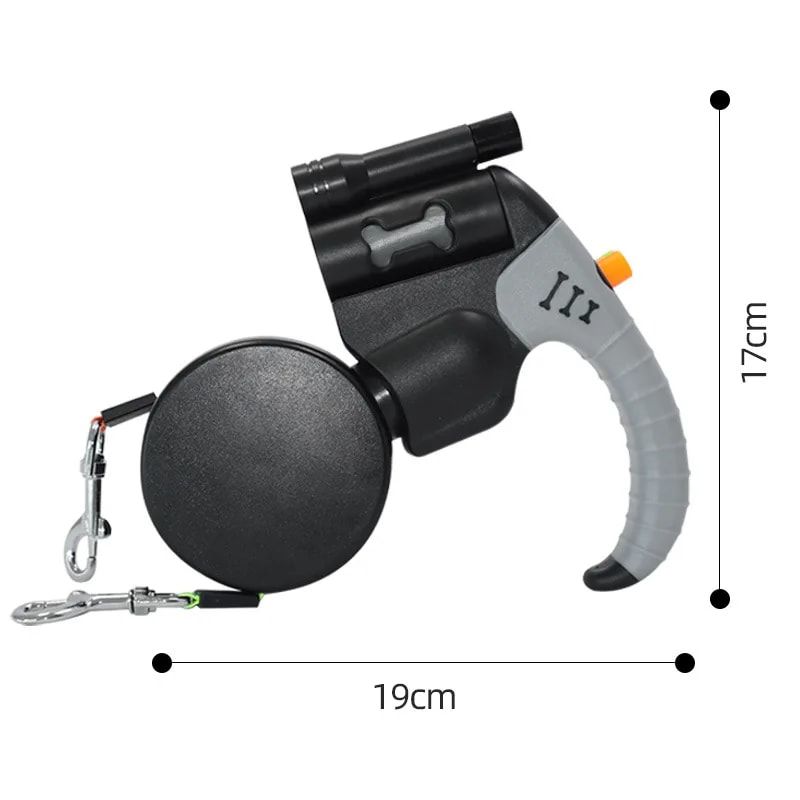 Dual-Head Retractable Dog Leash with Bright LED Flashlight and Built-in Waste Bag Dispenser – Walk Two Dogs Safely at Night with 360° Tangle-Free Control and Reflective Webbing (Brown‑Gray)