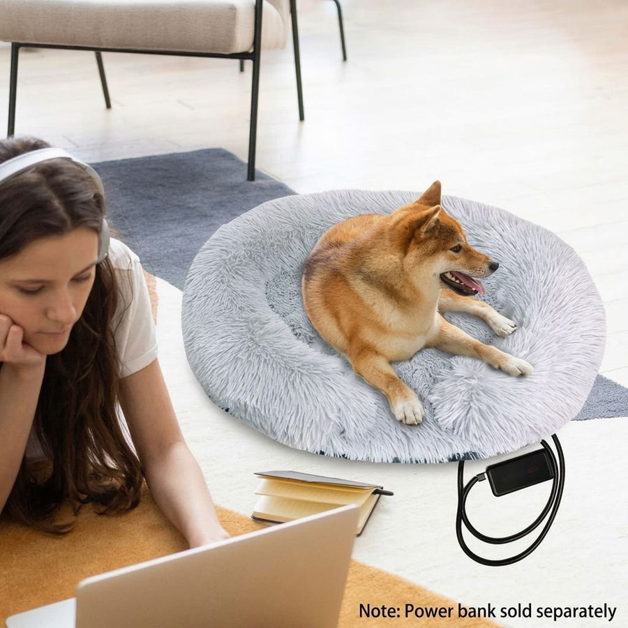 USB-Powered Heated Round Pet Bed with Removable Washable Cover, 5-Level Temperature and Timer Control, Cozy Plush Warming Nest for Small Dogs and Cats Indoor Winter Use (Grey, 70cm)