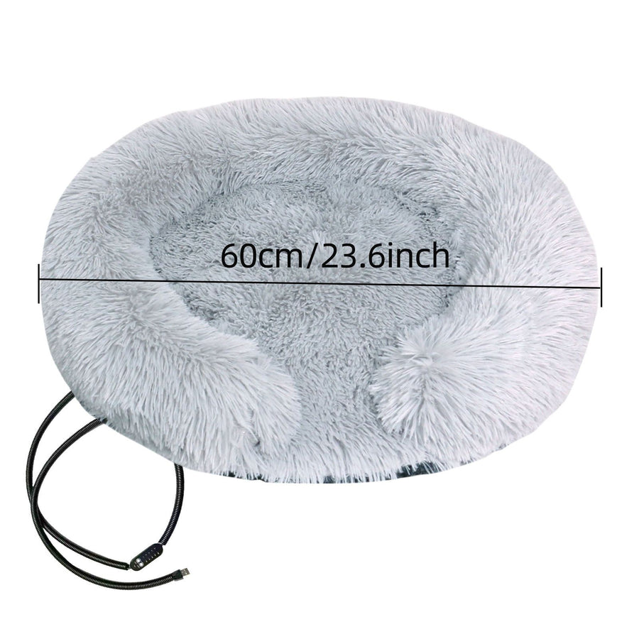 USB-Powered Heated Round Pet Bed with Removable Washable Cover, 5-Level Temperature and Timer Control, Cozy Plush Warming Nest for Small Dogs and Cats Indoor Winter Use (Grey, 70cm)