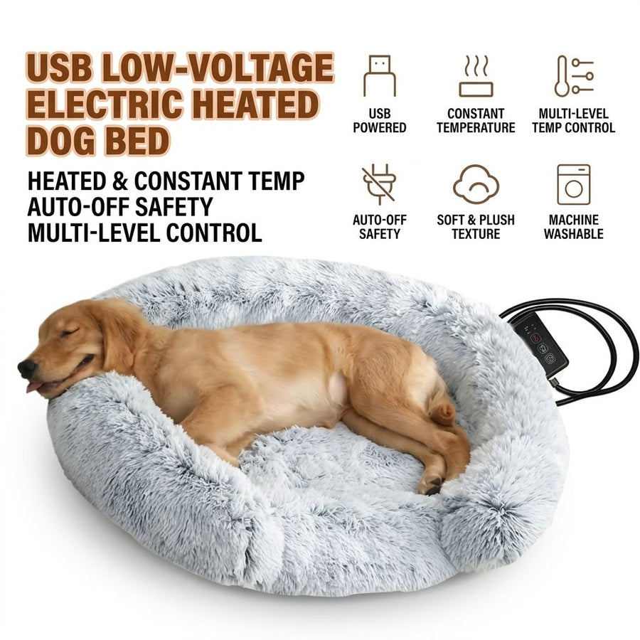 USB-Powered Heated Round Pet Bed with Removable Washable Cover, 5-Level Temperature and Timer Control, Cozy Plush Warming Nest for Small Dogs and Cats Indoor Winter Use (MultiColor, 70cm)