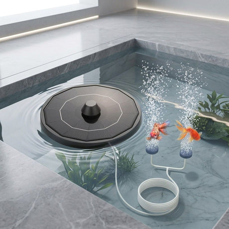 Solar-Powered Aquarium Air Pump with 2000mAh Backup Battery, Dual Outlets for Fish Tank, Pond & Landscape