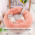 Plush Pet Nest Soft Donut Cat Bed – Cozy Round Couch for Cats and Small Dogs, Comfortable Sleeping Spot for Warmth and Deep Sleep, Suitable for Indoor Home Use (M, Pink)