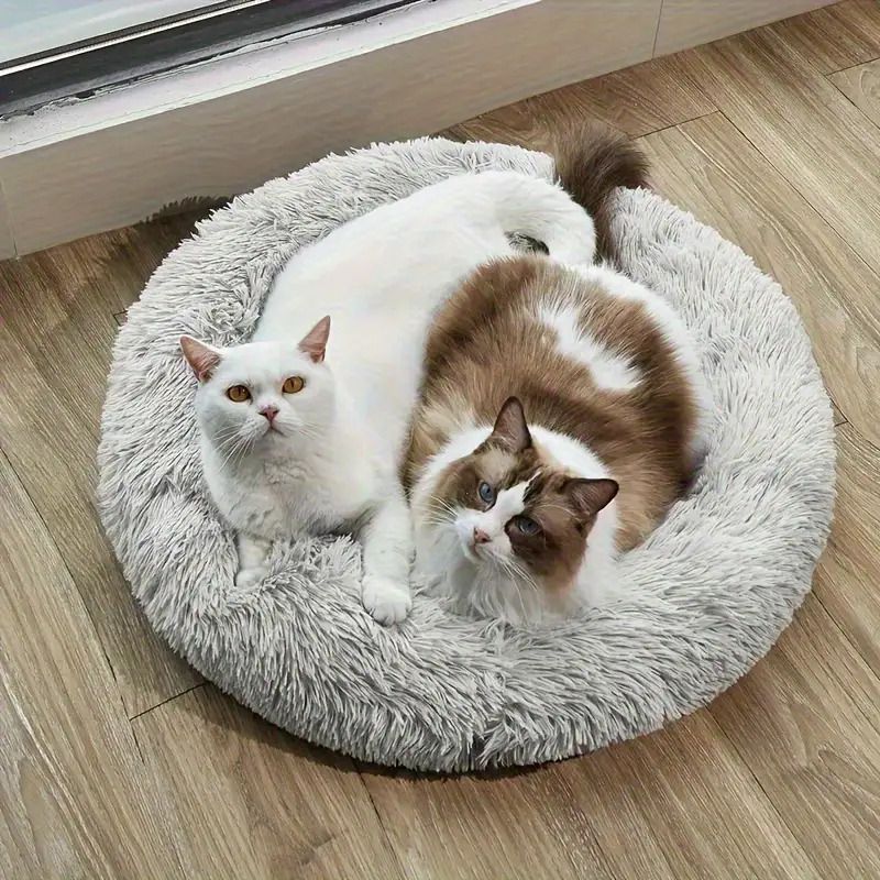 Plush Pet Nest Soft Donut Cat Bed – Cozy Round Couch for Cats and Small Dogs, Comfortable Sleeping Spot for Warmth and Deep Sleep, Suitable for Indoor Home Use (M, White)